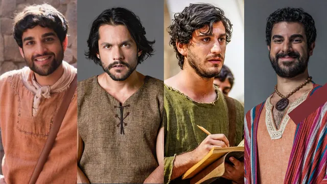 Op deze foto zie je vier acteurs die leerlingen van Jezus spelen in The Chosen. Matteüs, Simon Petrus, Johannes en Tomas.