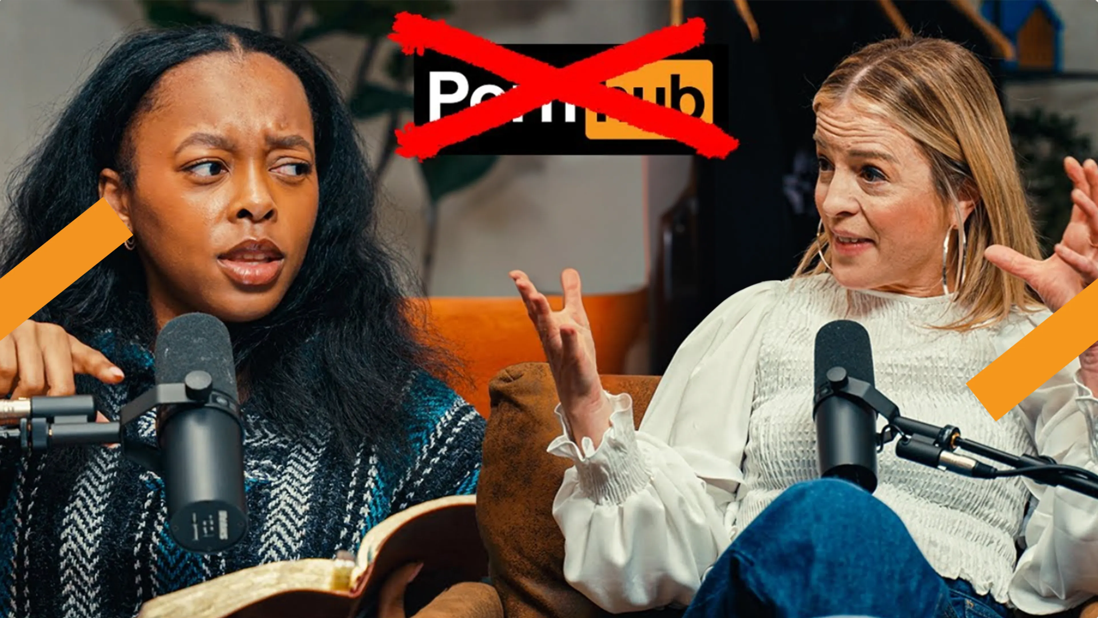 Je ziet twee personen (links een jonge dame, rechts de auteur Rachel Gardner) in gesprek in een podcast opstelling. In het midden zie je het logo van Pornhub met een groot rood kruis erdoor.