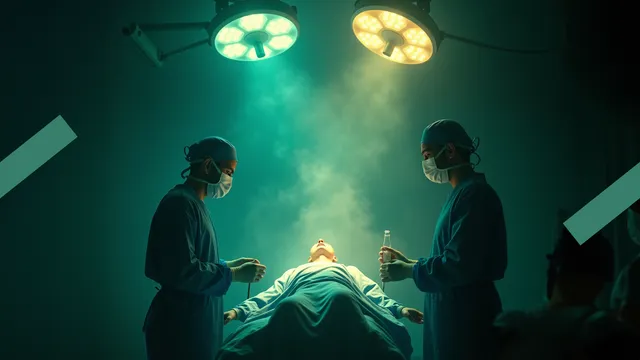 Op de afbeelding staan twee artsen bij een bed waar een patiënt in ligt. Er staan twee lampen gericht op de patiënt.