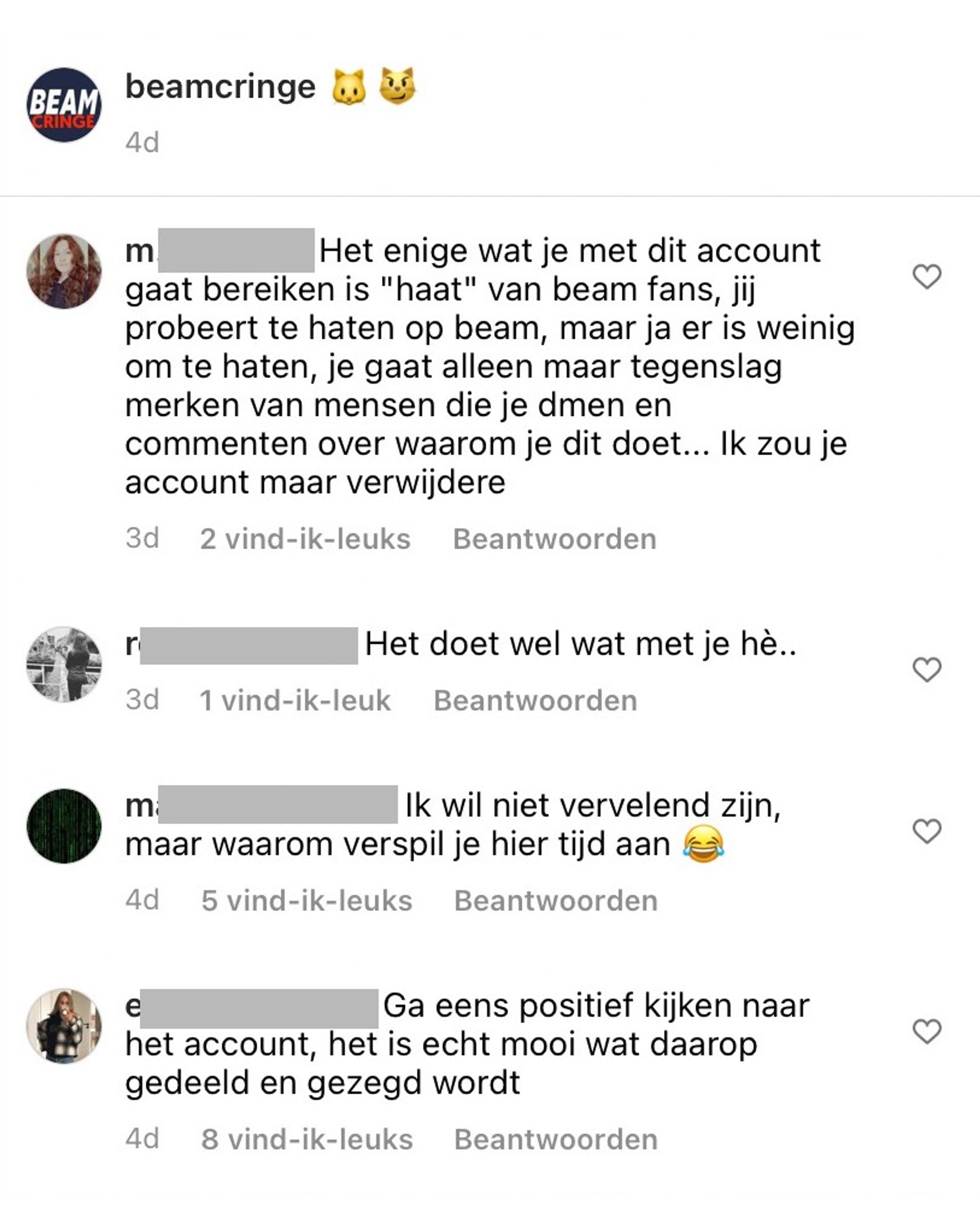 beam insta reacties haat
