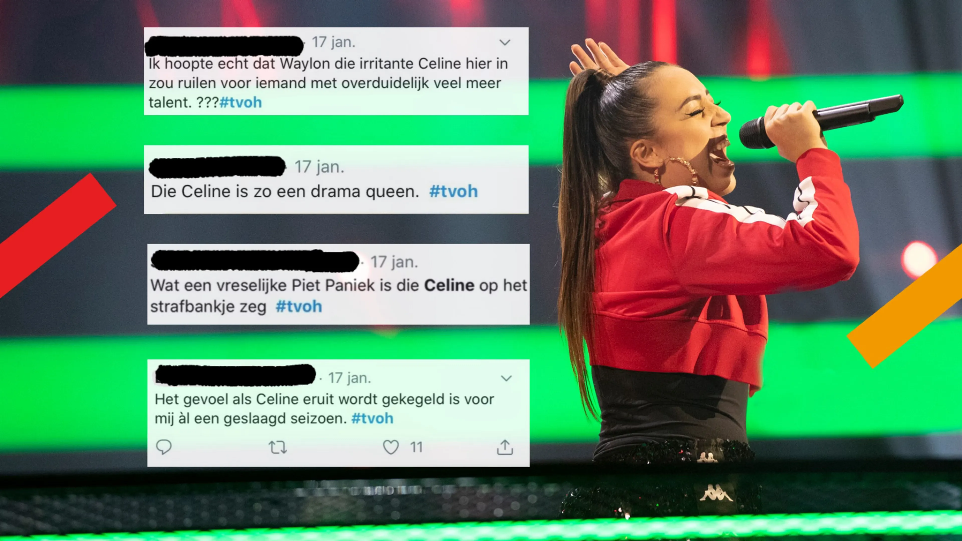 Je ziet Céline van BEAM die zingt met naast haar hoofd een aantal tweets van mensen die haat hadden op Céline en haar zangkunsten.