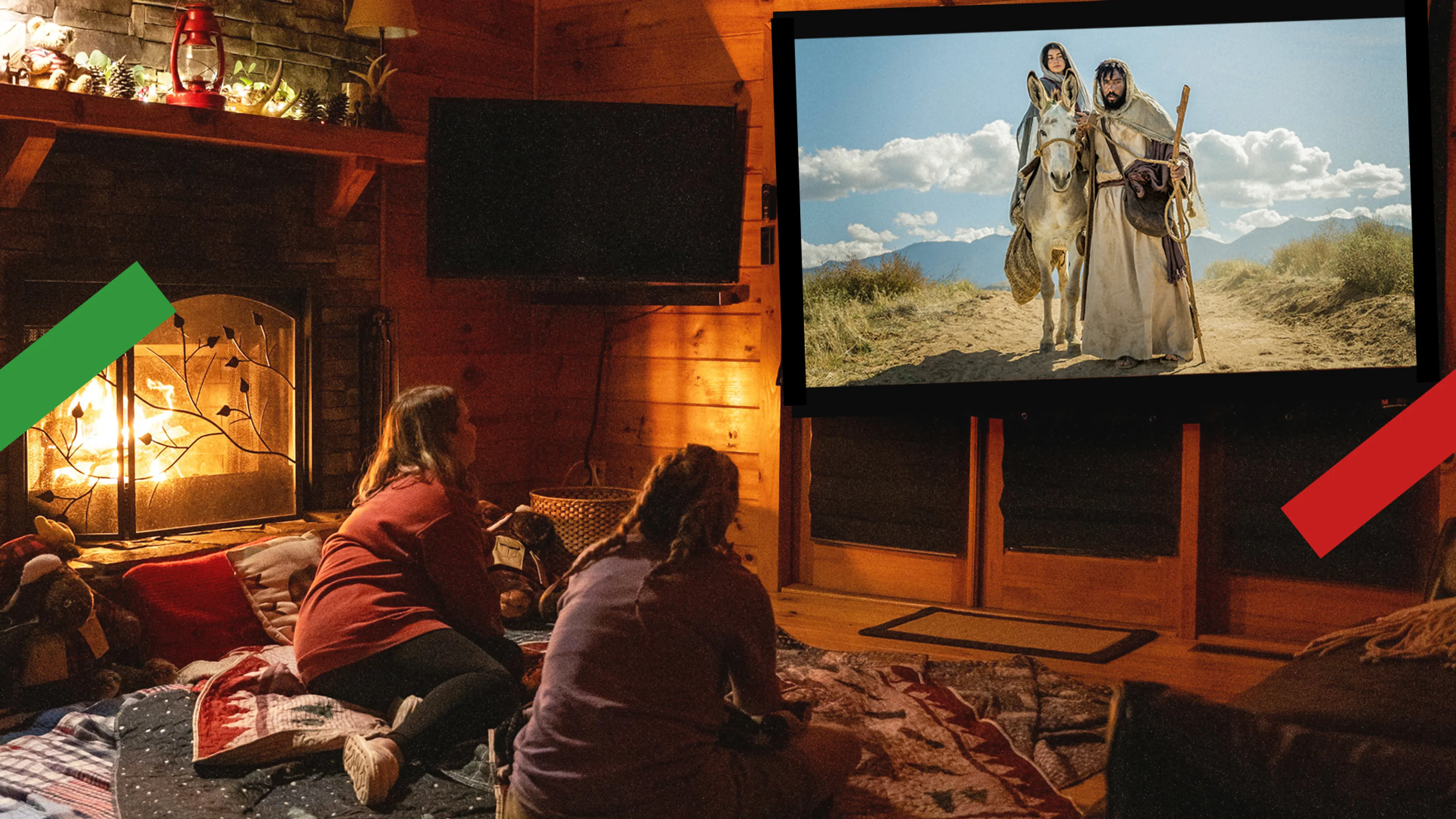 Twee meiden kijken naar een film over jozef en maria.