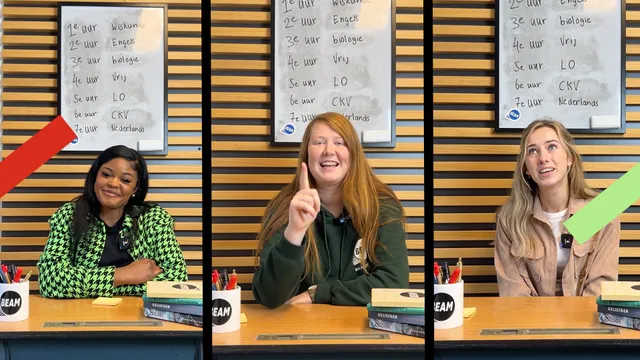 De BEAM redacteuren Wilke, Daniëlle en Merveille zitten achter een schooltafeltje.