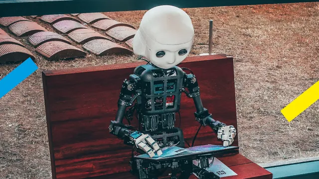 Robot die op een bankje zit.